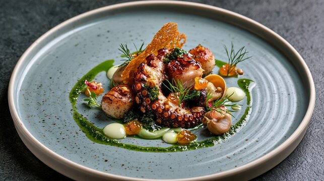 Luxury fine dining seafood tasting plate featuring octopus and shellfish in an upscale restaurant setting Generative AI