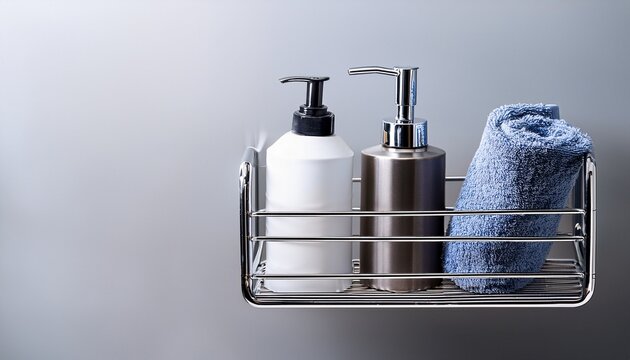 chrome shower caddy with toiletries