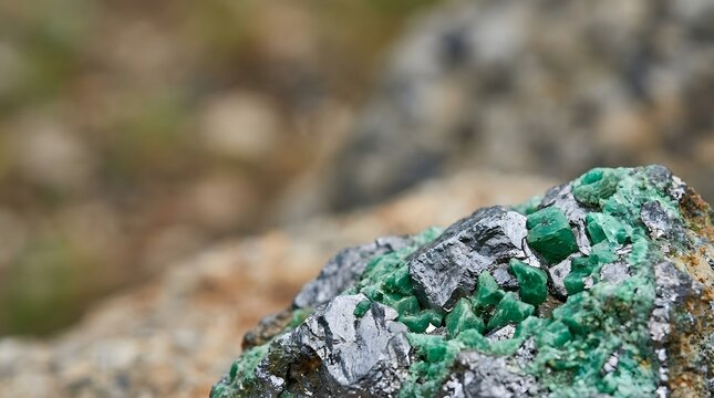 Close up of a raw emerald crystal embedded in a piece of granite rock.
