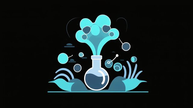 Bubbling laboratory glass flask erupts with glowing blue liquid chemical reaction in this animated motion design video for science projects