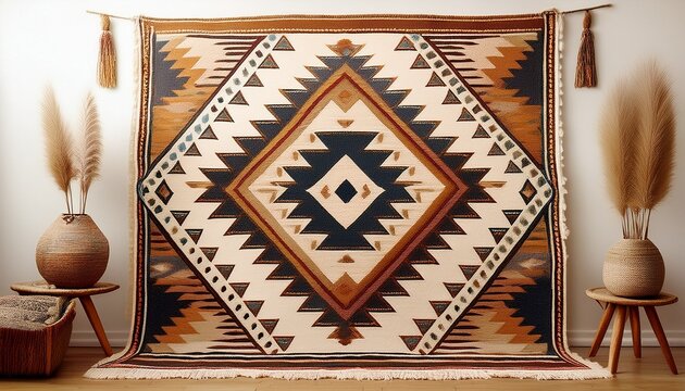 boho geometric kilim tapestry rug with tassels earth tone tribal motifs and cream wool fringe border