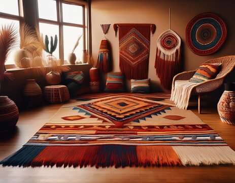 handmade woven boho tapestry rug with abstract tribal patterns long fringe tassels and rustic earthy tones