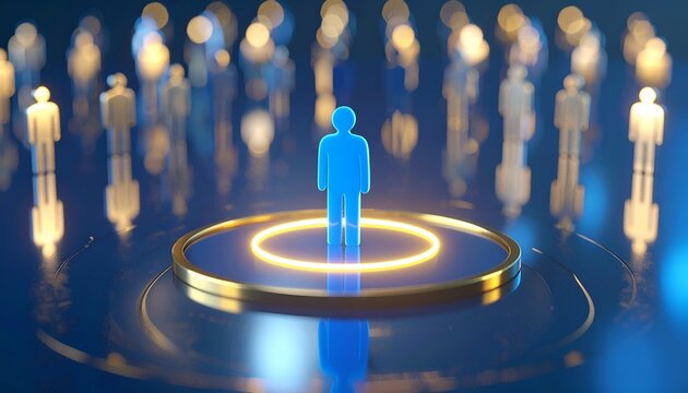 Glowing blue human figure standing on a golden platform among blurred silhouettes, representing recognition, personal achievement, leadership, and professional distinction.