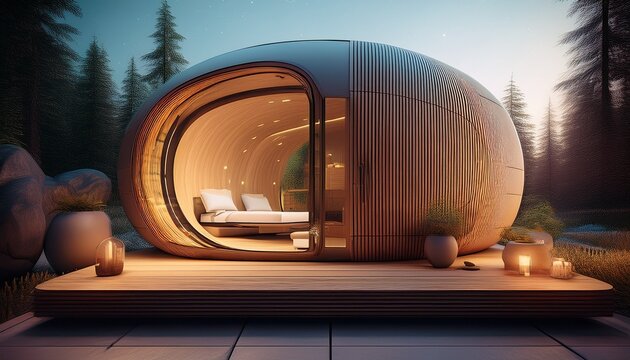 architectural wellness pod modern concrete exterior luminous wood interior