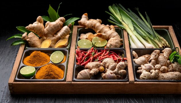 fresh asian culinary medicinal herbs and spices ginger turmeric lemongrass kaffir lime roots in trays