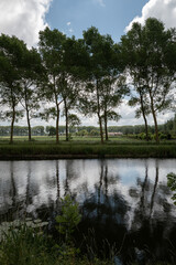 Obraz premium Trees and reflections on a canal bank in Bruges
