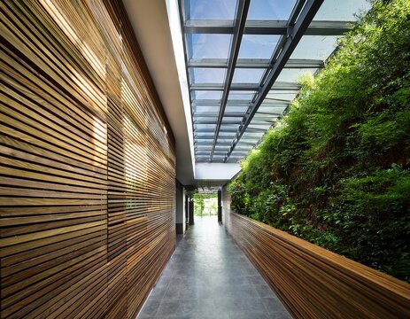 modern architectural hallway with lush green pathway and glass skylight
