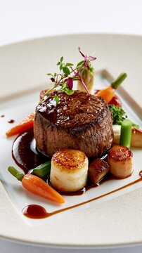Modern haute cuisine beef tenderloin medallion with red wine reduction and glazed vegetables displayed on geometric plate Generative AI
