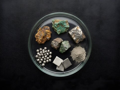 Collection of various raw minerals ores metals and powder on a glass plate.