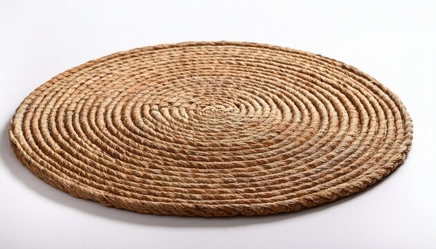 round braided natural jute placemat or rug with chunky woven spiral texture on white background