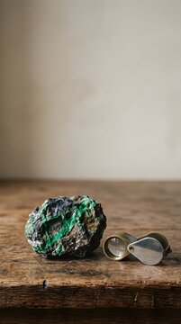 A raw piece of green malachite mineral sitting next to a jeweler loupe on a rustic wooden table.
