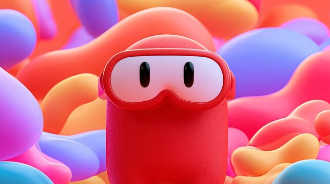Vivid red character with large eyes playfully posed among swirling, colorful abstract shapes, perfect concept illustration