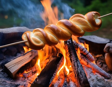 twisted bread on sticks roasted on campfire flames creating a delicious outdoor treat