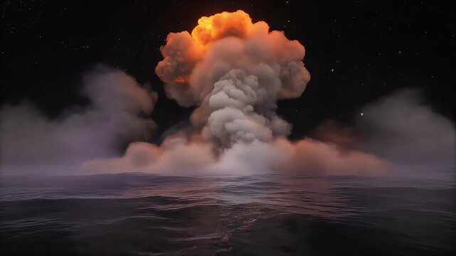 Massive orange mushroom cloud erupting over dark ocean waters at night in this intense dramatic cinematic digital motion video clip
