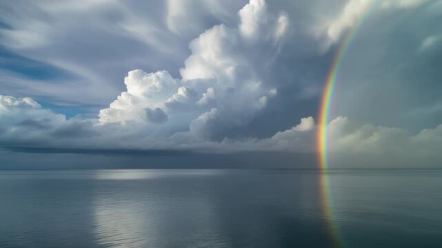 Rainbow over Calm Ocean with Dramatic Clouds 4K Generative AI