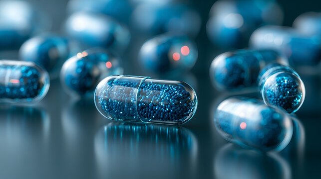 Close-up of sparkling blue medicine capsules arranged against a dark backdrop, representing pharmaceutical research concept