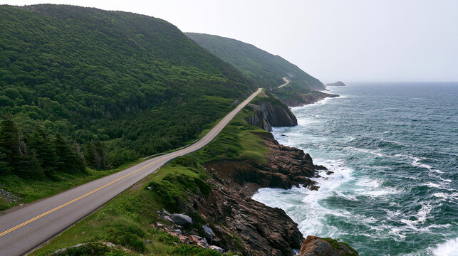 Scenic coastal highway with yellow lines winding along ocean cliffs and white waves, Cabot Trail landscape in Cape Breton.