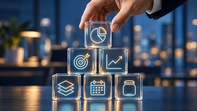 Hand Building a Pyramid of Glowing Glass Icons Showing Integrated Corporate Finance and Analytics