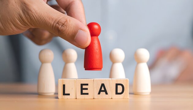 Hand placing a red wooden figure above LEAD blocks and a group of white pawns, symbolizing leadership selection, authority, team direction, and organizational influence.