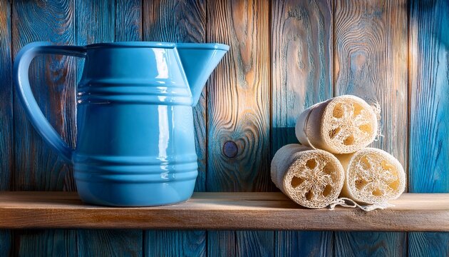 wooden sauna interior with loofahs and blue water jug on wooden shelf