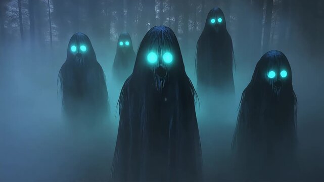 Spooky dark phantom figures with glowing blue eyes emerge from dense foggy forest shadows in this haunting motion horror video