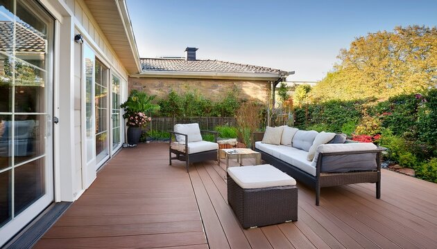 cozy patio area with garden furniture sliding doors and decking