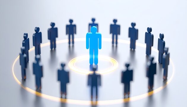 Bright blue human figure standing at the center of a circular group, symbolizing individuality, leadership, recognition, and a unique role within a team or organization.