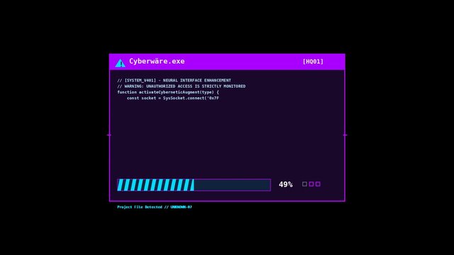 Cyberware.exe loading screen with digital code and progress bar on transparent background.