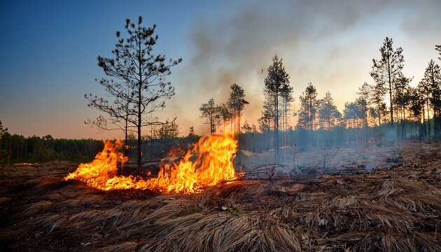 kleiner bodenbrand im trockenen wald als waldbrandbeginn