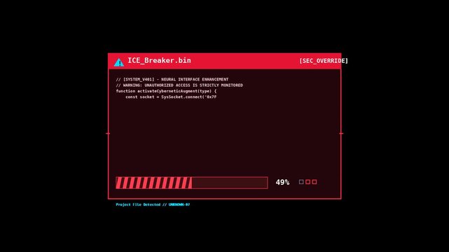 Digital hacking interface loading progress bar on transparent background with code lines.