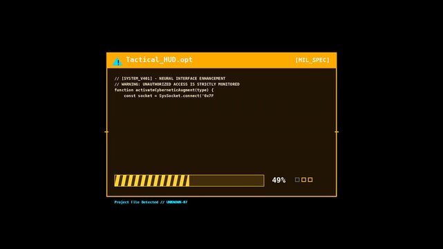 Tactical hud display loading progress bar and code script animation on transparent background.