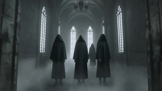 Mysterious hooded figures standing silently in a dark gothic corridor within this haunting atmospheric motion video clip for horror themes