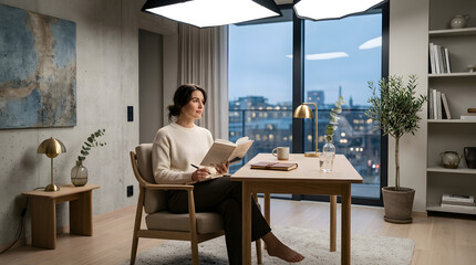 Obraz premium Woman Reading Book and Writing in Cozy Scandinavian Living Room with City View