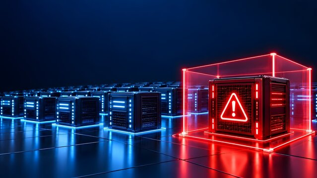Glowing Red Warning Triangle on Server Unit Highlighting Cybersecurity Threat and Hardware Failure
