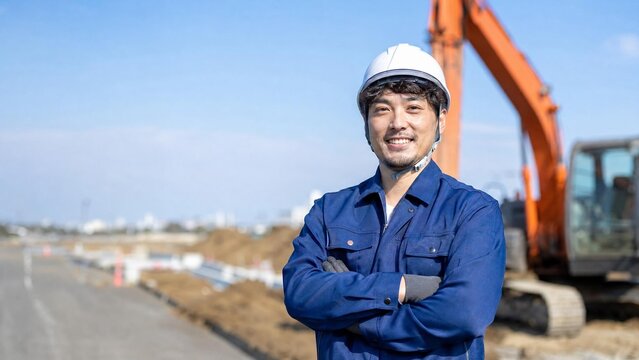 建設現場で腕を組む男性重機オペレーターと油圧ショベル