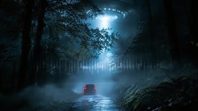 Mysterious flying saucer hovering over dark forest road illuminating suv with bright blue beam in cinematic sci-fi video motion clip