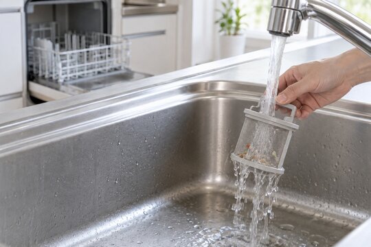 残さいフィルターを水洗いして食洗機のにおいと目詰まりを防ぐ