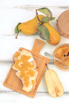 Homemade pear jam, confiture, marmalade. Sweet dessert, preserve food. Ripe farm fruits