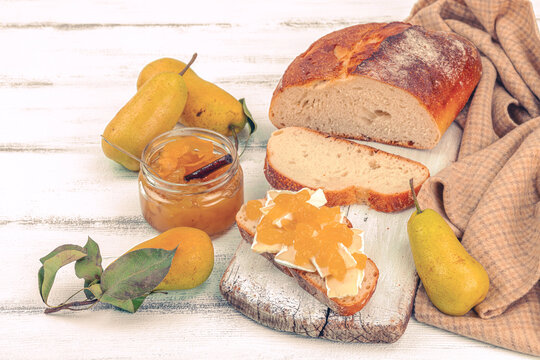 Homemade pear jam, confiture, marmalade. Sweet dessert, preserve food. Ripe farm fruits
