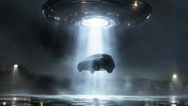 Alien spacecraft levitating a modern suv vehicle into the night sky with bright tractor beam light in motion video animation