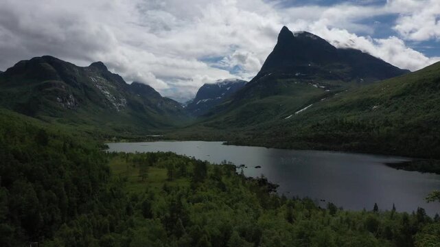 Drone video, Lake Litlvatnet in Innerdalen high valley, Innerdalst&aring;rnet mountain area, Sunndal, M&oslash;re og Romsdal, Vestlandet, Norway