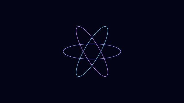 Neon atom symbol rotating animation, glowing science particle model on dark 4k background, physics