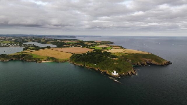 St Anthony Lighthouse from drone, Roseland peninsula, Head circular walk, Cornwall, UK