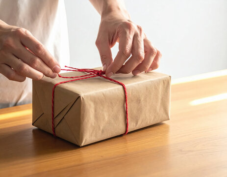 Gift wrapping with brown paper package and red string on wooden table