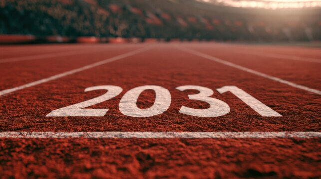 Number 2031 is marked on a red athletic track surface at a sports arena. The scene captures the starting position for runners.