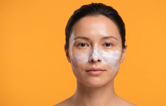Portrait of Woman Applying White Cream Mask on T-Zone for Pore Cleansing