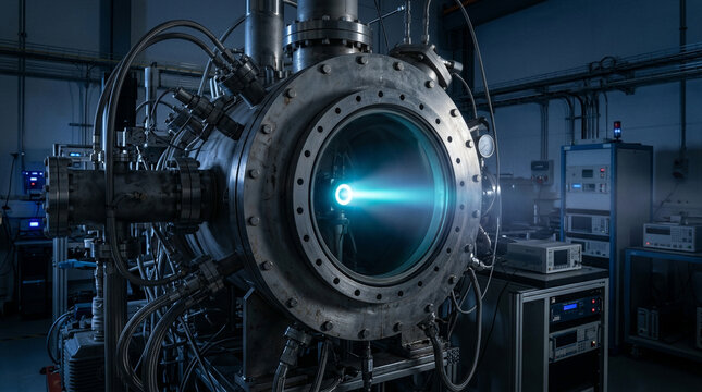 Aerospace propulsion lab vacuum chamber testing satellite electric ion thruster firing bright cyan plasma beam, space technology engineering testing facility stock photo