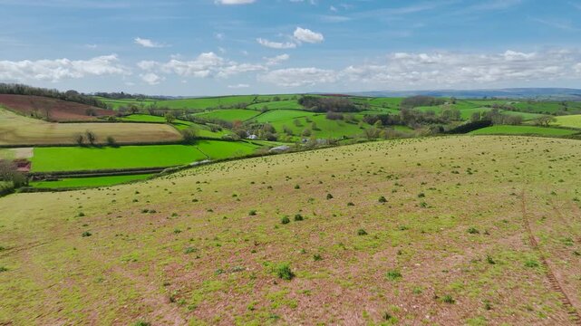 Fields and Farmlands at spring from a drone, Devon, England, United Kingdom
