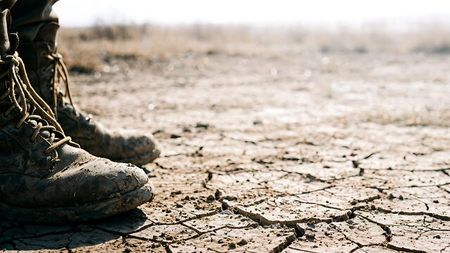 Soldier wearing muddy military combat boots standing on parched dry cracked earth in a desert landscape during a mission