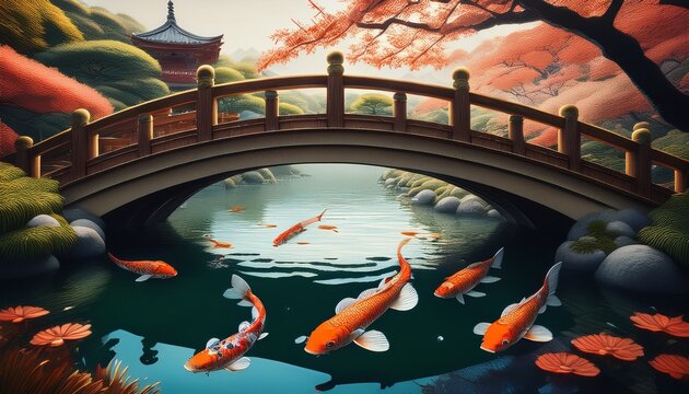 koi fish swimming in a pond under a traditional japanese arched bridge culture day japan